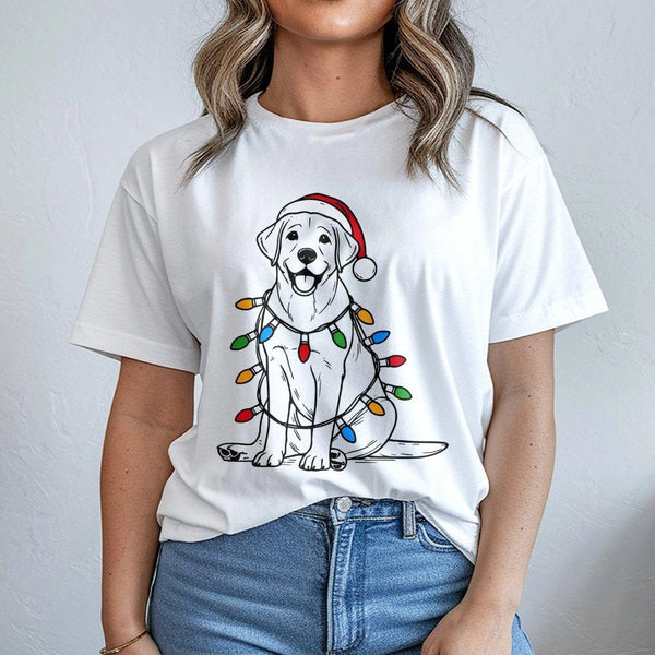 Festive Dog with Holiday Lights Shirt, Labrador Christmas T-Shirt, Adorable Lab Dog Graphic Tee, Dog Lover Xmas Holiday T-Shi