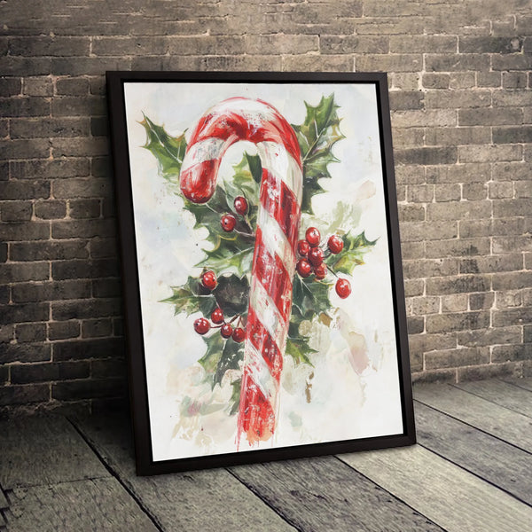 Festive Holly Berries Canvas Print, Watercolor Candy Cane Canvas Art, Christmas Holiday Wall Art Canvas, Winter Home Decor, X
