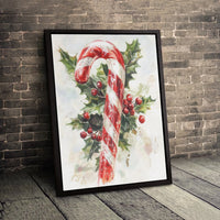 Festive Holly Berries Canvas Print, Watercolor Candy Cane Canvas Art, Christmas Holiday Wall Art Canvas, Winter Home Decor, Xmas Art Present
