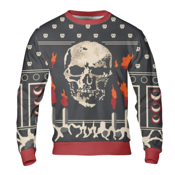 Flames Ugly Christmas Sweatshirt, Gothic Skull Sweatshirt, Dark Aesthetic Holiday Sweatshirt, Goth Winter Pullover Sweater, X