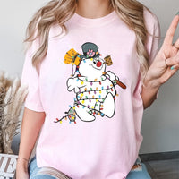 Festive Holiday Lights Shirt, Snowman Christmas Graphic T-Shirt, Adorable Winter Snowman Tee, Retro Xmas Cartoon Graphic T-Shirt Present
