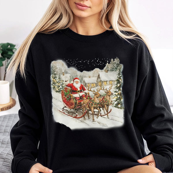 Nostalgic Sleigh Reindeer Graphic Pullover, Vintage Santa Sweatshirt, Retro Christmas Crewneck, Holiday Season Sweater Presen