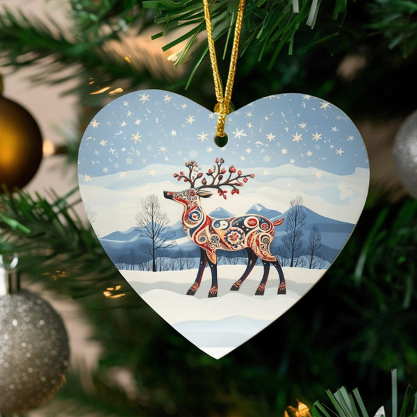 Snowy Winter Ceramic Christmas Ornament, Folk Art Reindeer Heart Ornament, Rustic Woodland Tree Decor, Animal Lover Holiday K