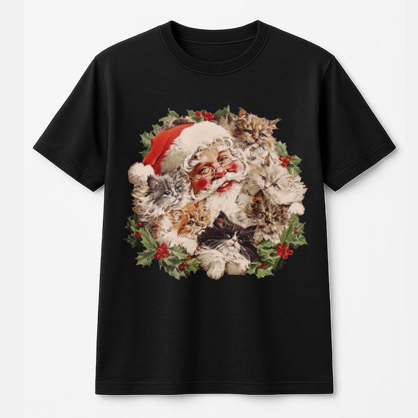 Vintage Cat Wreath Graphic Tee, Santa Claus Kittens Christmas Shirt, Adorable Kitten Holiday T-Shirt, Festive Cat Lover Xmas 
