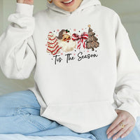 Leopard Print Santa Hat Tree Hooded Sweatshirt, Tis the Season Christmas Hoodie, Preppy Cheetah Xmas Pullover, Festive Winter Holiday Jumper