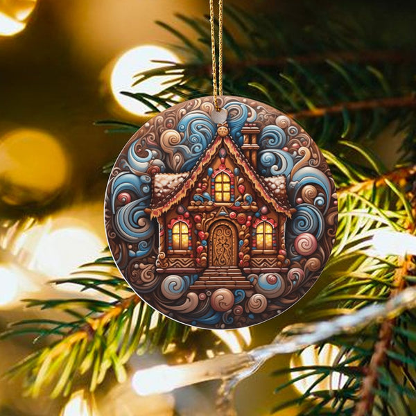 Swirl Holiday Ornament, Psychedelic Gingerbread House Ornament, Colorful Candy Cottage Ceramic Ornament, Christmas Tree Keeps