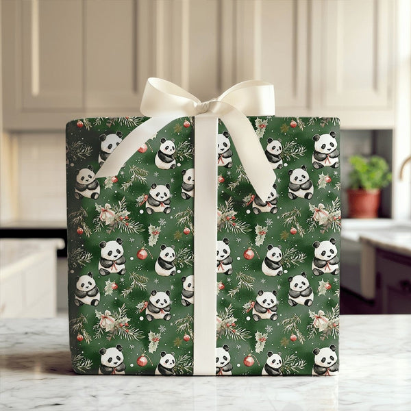 Holly Pine Christmas Gift Wrap, Green Panda Bear Wrapping Paper, Adorable Animal Holiday Present Paper, Festive Xmas Wrapping