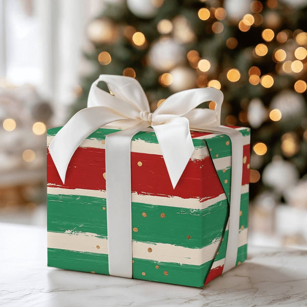 Red and Green Holiday Gift Wrap, Striped Christmas Wrapping Paper, Painted Stripe Wrapping Paper, Gold Confetti Present Wrapp