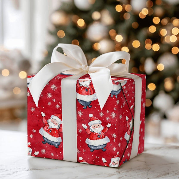 Santa Claus Gift Wrap, Waving Santa Christmas Wrapping Paper, Red Snowflake Wrapping Paper, Holiday Present Paper, Secret San