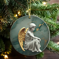 Gold Wing Halo Marble Ornament, Sitting Angel Ceramic Ornament, Religious Christmas Tree Decor, Christian Holiday Keepsake Present