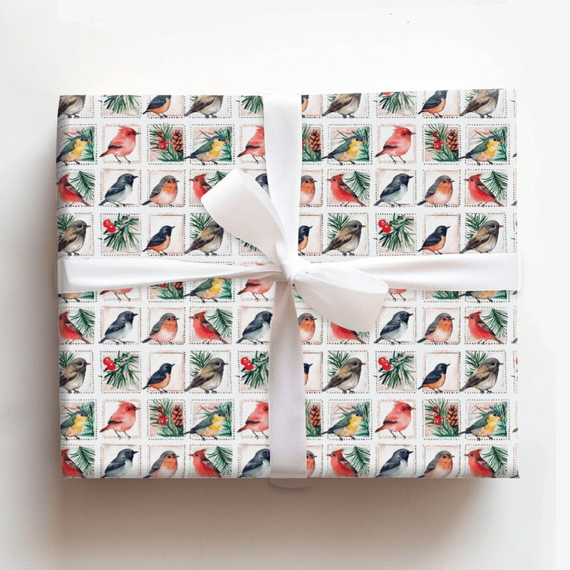 Vintage Stamp Gift Wrap, Winter Bird Wrapping Paper, Cardinal Christmas Wrapping Paper, Holiday Nature Gift Wrap, Bird Lover Gift Wrap