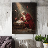 Religious Christmas Nativity Canvas Wall Art, Santa Kneeling at Manger Canvas Print, Holy Night Faith Canvas, Christian Holiday Decor Present