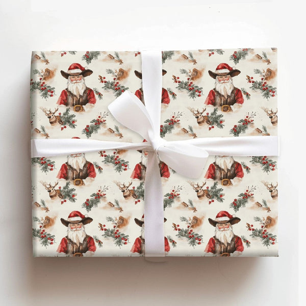 Rustic Reindeer Holiday Gift Wrap, Western Cowboy Santa Wrapping Paper, Country Christmas Wrapping Paper, Pine Holly Berry Xm