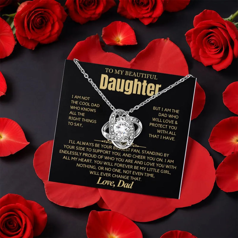 Sparkling CZ Pendant Necklace, To My Daughter Love Knot Necklace from Dad, Christmas Birthday Knot Necklace with Message Card Present