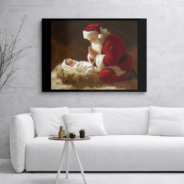 Nativity Scene Canvas Wall Art, Santa Praying at Manger Canvas Print, Religious Christmas Canvas Art, Christian Holiday Wall 