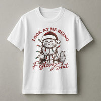 Kitten Tangled in Lights Shirt, Humorous Grumpy Cat Christmas T-Shirt, Sarcastic Holiday Graphic Tee, Cat Lover Christmas Graphic T-Shirt