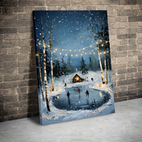 Comfy Snowy Landscape Art Print, Winter Ice Skating Birch Forest Canvas Wall Art, Christmas Holiday Poster, Digital Download Home Decor