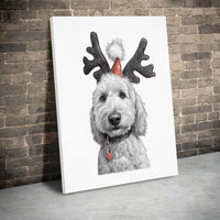Pencil Sketch Dog Canvas Print, Goldendoodle Christmas Canvas Wall Art, Festive Reindeer Pet Wall Decor, Dog Lover Holiday Canvas Art Present