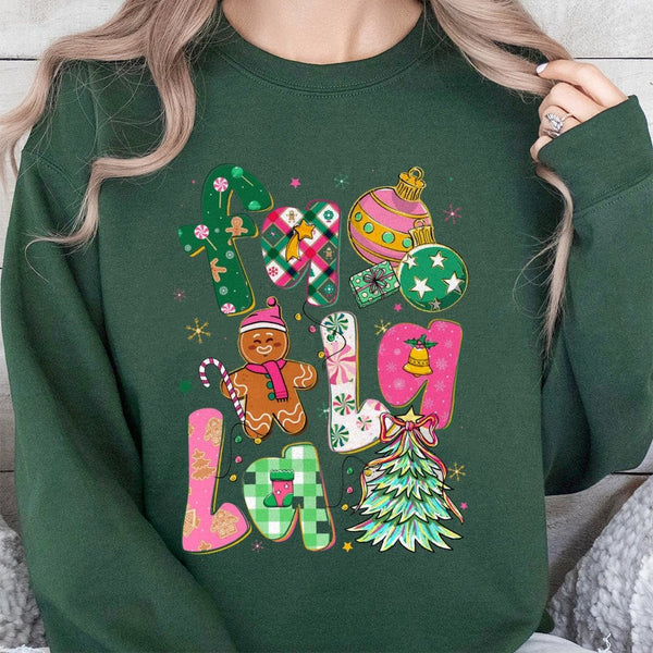 Adorable Gingerbread Holiday Tree Crewneck, Fa La La Christmas Sweatshirt, Pink Xmas Holiday Pullover, Festive Christmas Swea