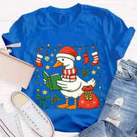 Humorous Holiday Bookworm Goose Shirt, Christmas Goose Reading Book T-Shirt, Adorable Winter Reading Tee, Book Lover Christmas Present T-Shirt