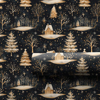Forest Tree Holiday Gift Wrap, Golden Winter Cabin Wrapping Paper, Rustic Christmas Night Present Wrap, Dark Aesthetic Gift Wrapping Paper