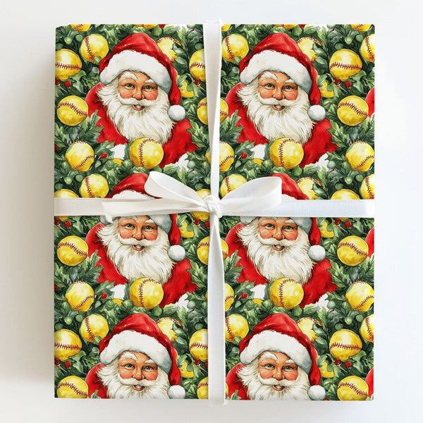 Holiday Sports Gift Wrap Roll, Softball Santa Christmas Wrapping Paper, Fastpitch Softball Present Paper, Athletic Xmas Gift 