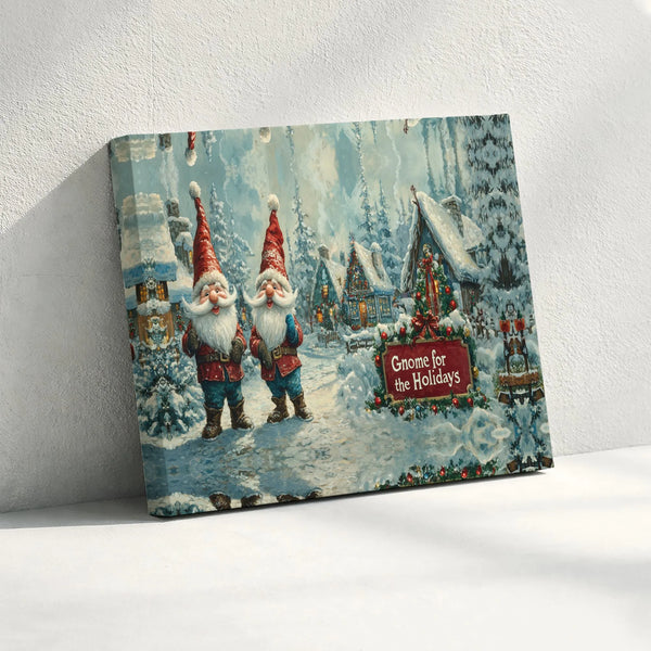Snowy Christmas Village Canvas, Gnome for the Holidays Canvas Print, Winter Landscape Canvas Wall Art, Holiday Gnome Painting
