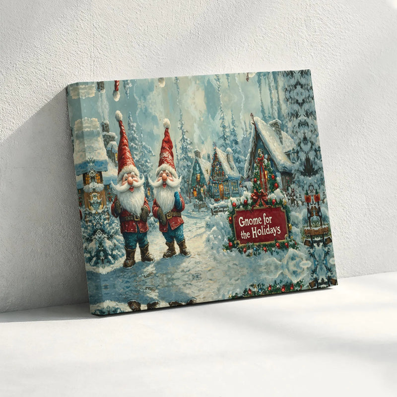 Snowy Christmas Village Canvas, Gnome for the Holidays Canvas Print, Winter Landscape Canvas Wall Art, Holiday Gnome Painting, Xmas Decor