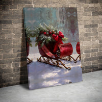 Snowy Pine Tree Holiday Canvas, Vintage Christmas Sleigh Canvas, Winter Red Bow Wall Art Canvas, Festive Seasonal Home Decor, Holiday Present