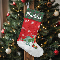 Custom Name Holiday Dino Stocking, Personalized Dinosaur Christmas Stocking, Adorable Kids Xmas Stocking, Festive Family Fireplace Decor Present