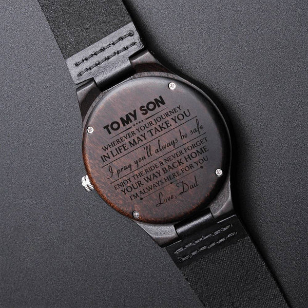 Personalized Sandalwood Timepiece from Dad, Engraved Wooden Watch for Son, Japanese Quartz Leather Watch, Birthday Christmas 