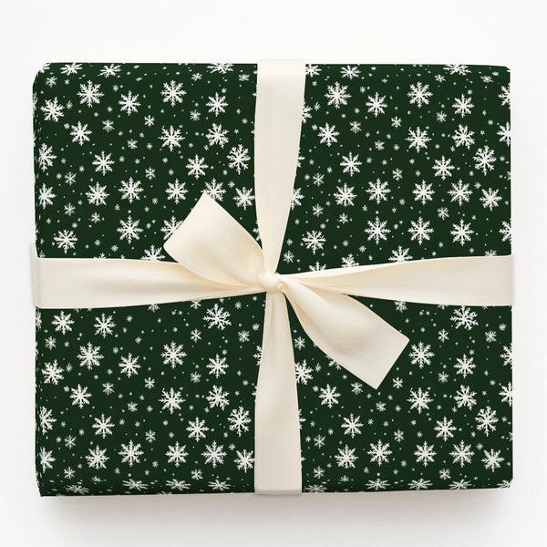 White Snowflakes Christmas Gift Wrap, Dark Green Snowflake Wrapping Paper, Winter Holiday Wrapping Paper, Festive Season Gift