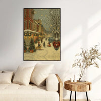 Snowy Holiday Town Wall Poster, Vintage Christmas Street Scene Poster, Festive Winter Lights Art Print, Xmas Home Wall Decor