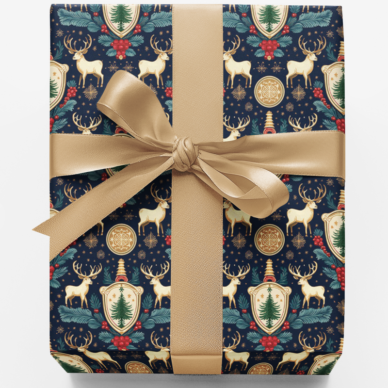 Navy Gold Crest Gift Wrap, Stag Heraldry Christmas Wrapping Paper, Elegant Deer Wrapping Paper, Regal Holiday Gift Wrap