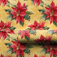 Vintage Christmas Floral Gift Wrap, Red Poinsettia Wrapping Paper, Botanical Holly Berry Present Wrap, Holiday Winter Gift Wrapping Paper