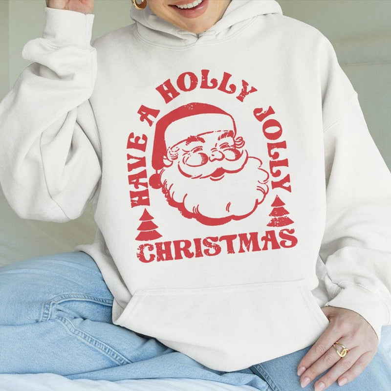 Holly Jolly Vintage Graphic Hooded Sweatshirt, Retro Santa Christmas Hoodie, Comfy Holiday Season Pullover, Adorable Xmas Apparel Present