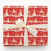 Red Gold Christmas Gift Wrap, Retro Winter Cityscape Wrapping Paper, Holiday City Scene Wrapping Paper, Festive Present Gift Wrap Roll