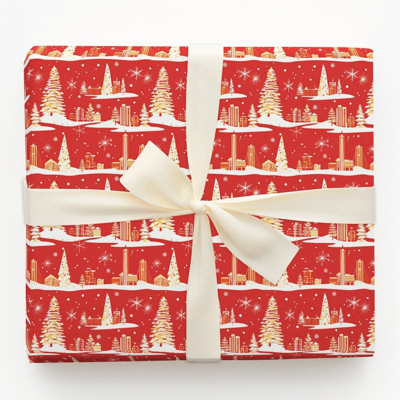 Red Gold Christmas Gift Wrap, Retro Winter Cityscape Wrapping Paper, Holiday City Scene Wrapping Paper, Festive Present Gift Wrap Roll