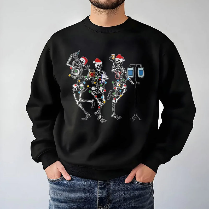 Humorous Skeleton Nurse Crewneck, Dancing Skeleton Christmas Sweatshirt, Retro Holiday Skeleton Pullover, Christmas Lights Sweater, Nurse Present