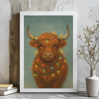 Festive Farmhouse Holiday Canvas Print, Highland Cow Christmas Canvas Wall Art, Comfy Rustic Winter Canvas Art, Seasonal Home Decor Present