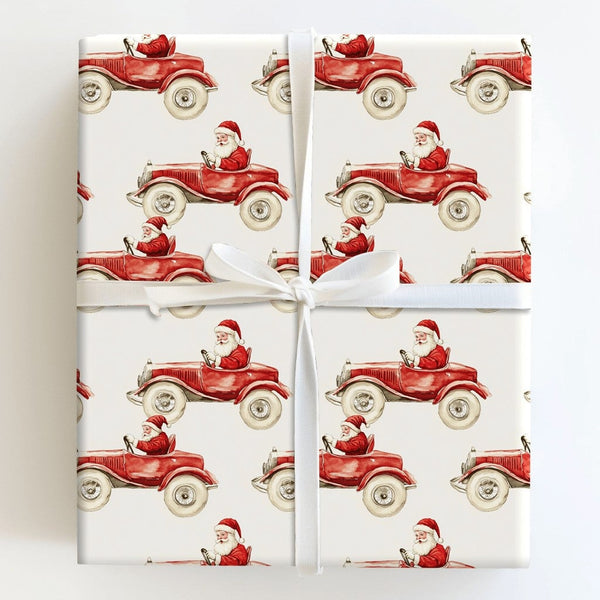 Vintage Christmas Gift Wrap, Santa Driving Red Car Wrapping Paper, Retro Watercolor Holiday Wrapping Paper, Festive Xmas Gift