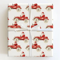 Vintage Christmas Gift Wrap, Santa Driving Red Car Wrapping Paper, Retro Watercolor Holiday Wrapping Paper, Festive Xmas Gift Wrap Roll