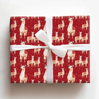 Watercolor Holiday Gift Wrap, Red Christmas Llama Wrapping Paper, Snowy Winter Present Paper, Adorable Animal Wrapping Paper