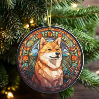 Japanese Dog Holiday Ornament, Stained Glass Shiba Inu Christmas Ornament, Colorful Puppy Ceramic Ornament, Pet Lover Keepsake Present