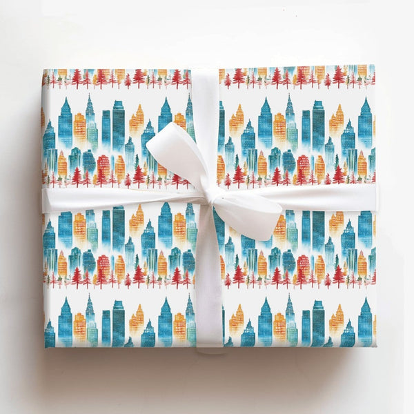 Urban Skyline Gift Wrap Roll, Watercolor Cityscape Christmas Wrapping Paper, Winter Holiday Tree Paper, Festive Season Packag