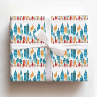 Urban Skyline Gift Wrap Roll, Watercolor Cityscape Christmas Wrapping Paper, Winter Holiday Tree Paper, Festive Season Packaging