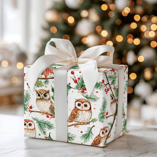 Woodland Bird Gift Wrap, Watercolor Owl Wrapping Paper, White Holiday Wrapping Paper, Nature Lover Gift Wrap, Christmas Wrapp