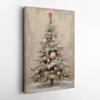 Red Star Ornaments Winter Poster, Painterly Christmas Tree Canvas Wall Art, Neutral Holiday Home Decor, Printable Digital Download Present