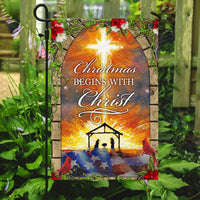 Nativity Scene Yard Flag, Christmas Begins with Christ Garden Flag, Religious Holiday Garden Flag, Double Sided Lawn Decor