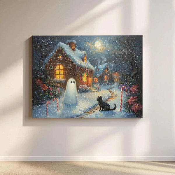 Holiday Cottage Black Cat Canvas Print, Christmas Ghost Canvas Wall Art, Whimsical Candy Cane Wall Canvas, Spooky Xmas Decor,